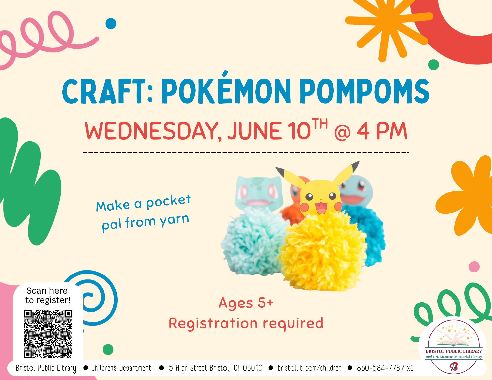 Flyer with tan background and pom pom critters at center.