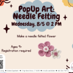 Flyer with muted colorful blobs and dark text.