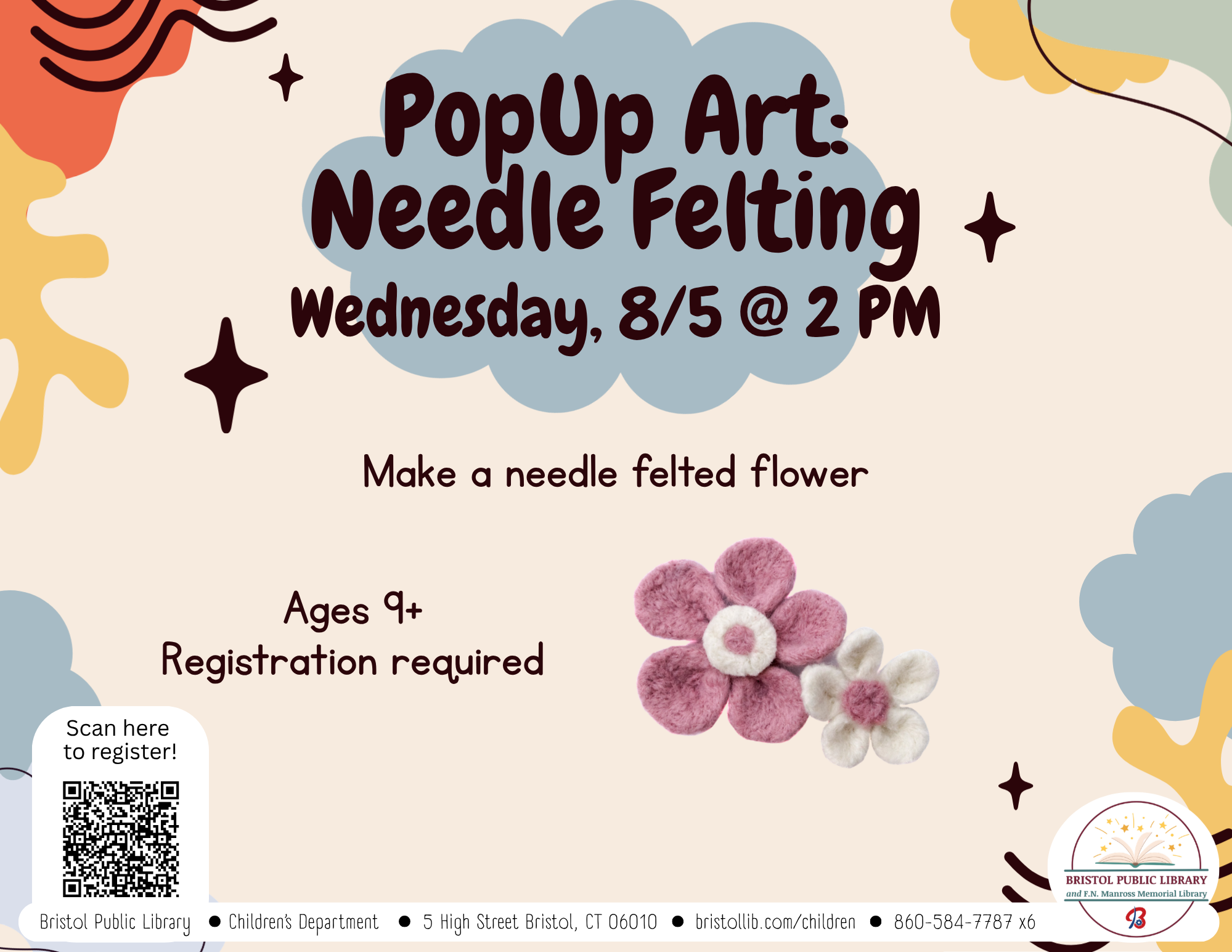 Flyer with muted colorful blobs and dark text.