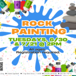 Blue paint splatter with colorful paint tubes at corners and a pile of gray rocks.