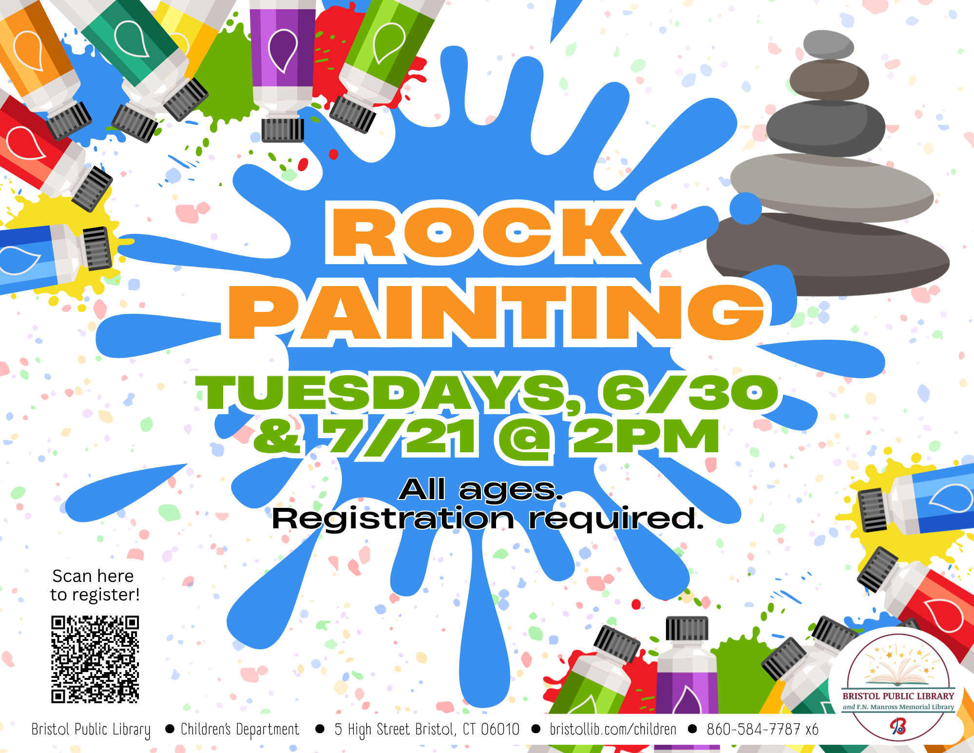 Blue paint splatter with colorful paint tubes at corners and a pile of gray rocks.