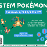 Green flyer with Charizard Pokemon character at left of blue and white text.