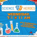 Comic inspired background in primary colors with orange text and liquid filled beakers at center.