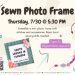Tan flyer with dark text above green felt photo frame with pink flowers next to image of needle and beads.
