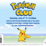 Smiling Pikachu on grassy background under blue sky.
