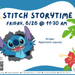 Cartoon character stitch bursts from page at left with palm tree and red flower at right.