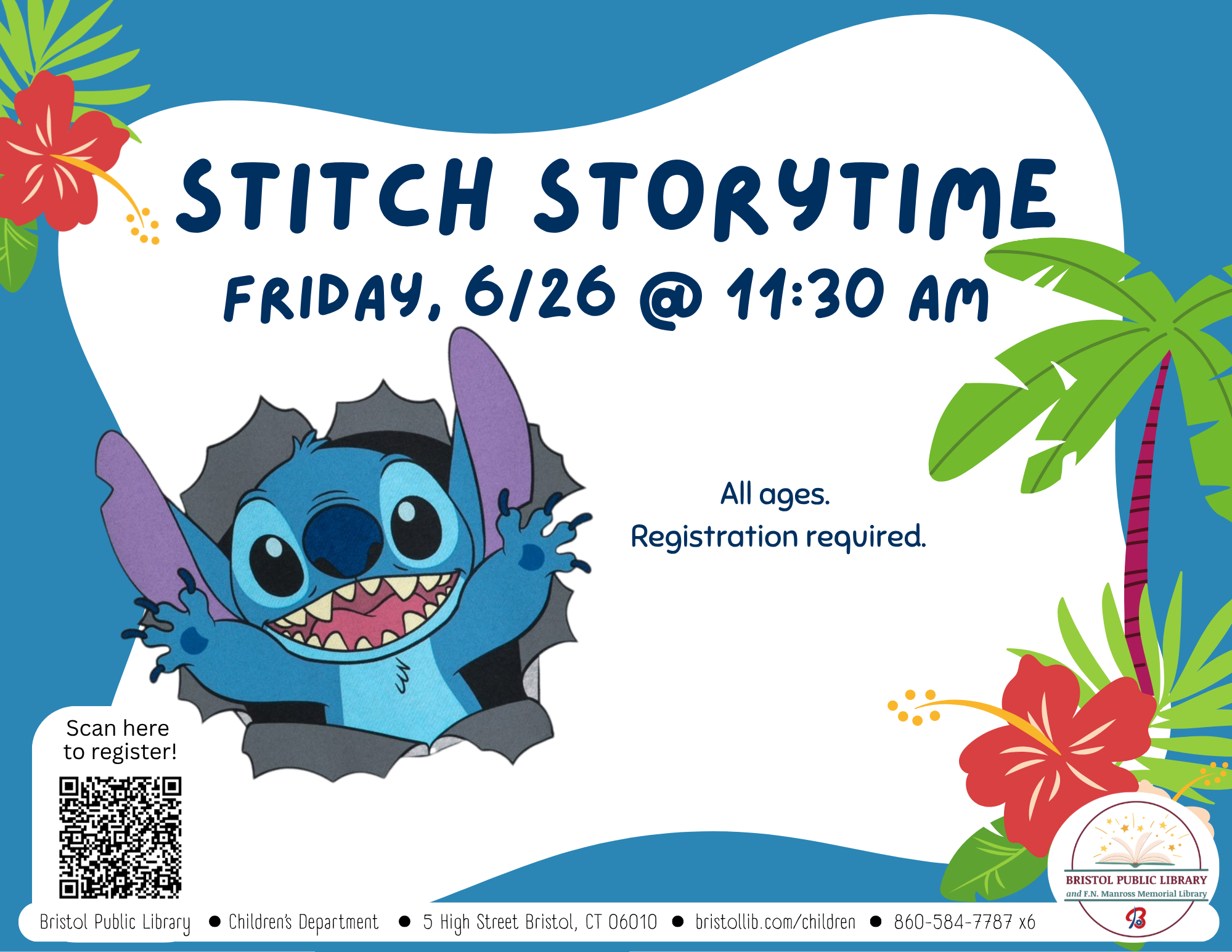 Cartoon character stitch bursts from page at left with palm tree and red flower at right.