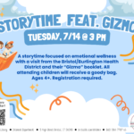 Cloud background with children riding a flying book at left and doodles.