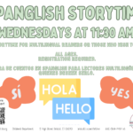 White flyer with green text above colorful speech bubbles.