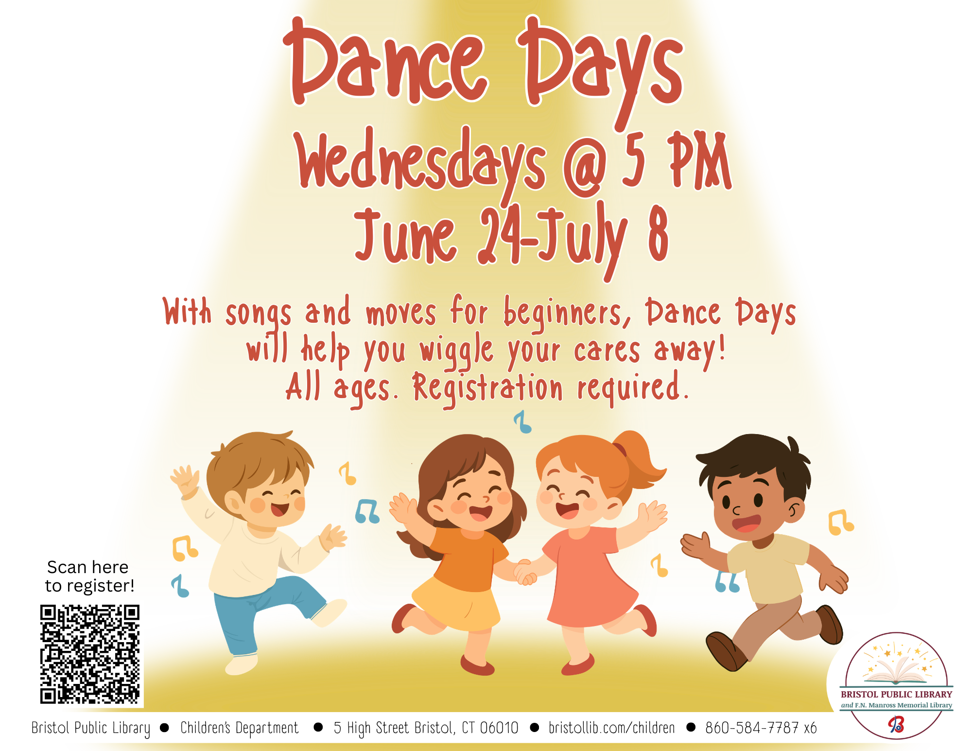 Four children dance under spotlight on white background.