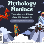Mountain scene on dark blue background with mythological figures and light blue text.