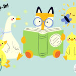 Animals ready a book with a happy sun.
