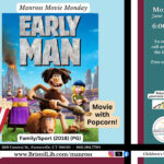 A program flyer showing the cover of the movie Early Man: cave people with a goat and a volcano.