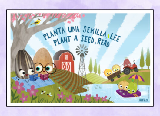 Cartoon of seeds reading books on a river bank.