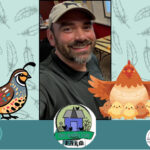 A photo of the speaker, along with a quail and a chicken with chicks.