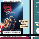 A flyer and cover photo of the movie Song Sung Blue with a bucket of popcorn.
