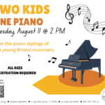 Image of grand piano at center of white flyer with orange graphics.