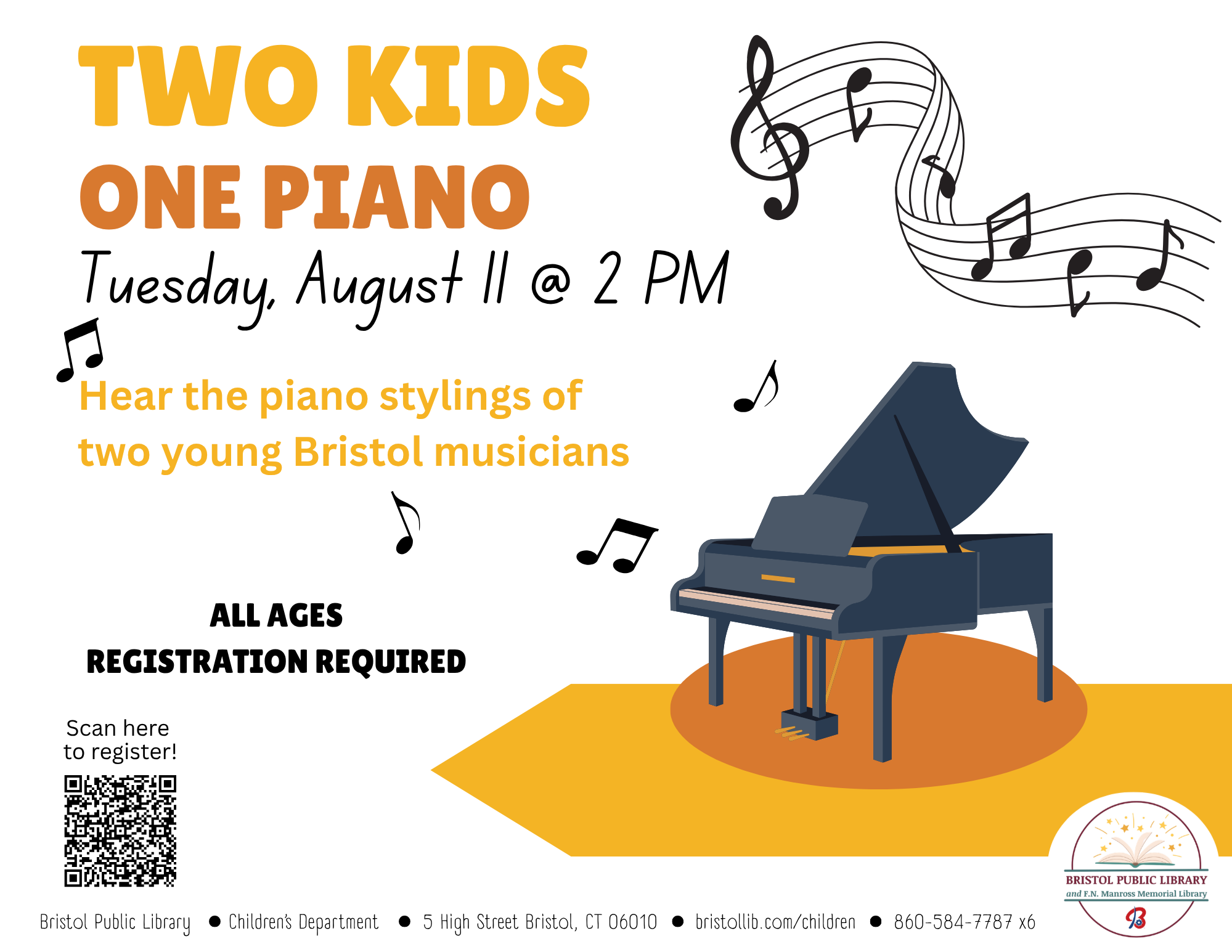 Image of grand piano at center of white flyer with orange graphics.