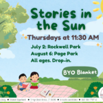 Two children sit on blanket at park under blue sky and green text.