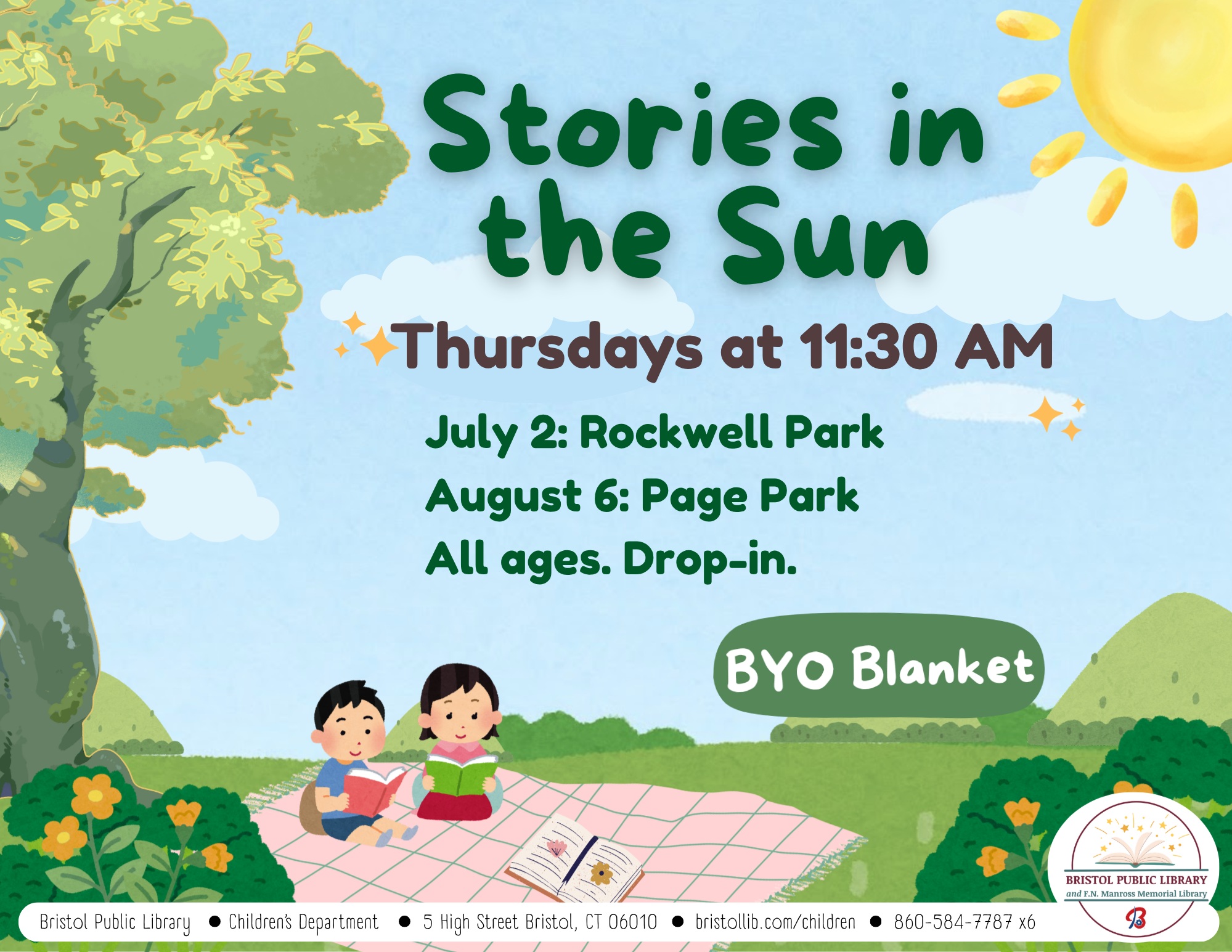 Two children sit on blanket at park under blue sky and green text.