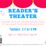 Red theater curtains above blue text on white background.