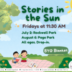 Two children sit on blanket at park under blue sky and green text.