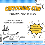 White flyer with blue border, orange text at top, and illustration of pencils and drawing at bottom left.