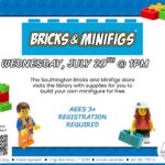 Two Lego minifigures at bottom corners of flyer with blue background and blue and black text with colorful Lego bricks at sides.