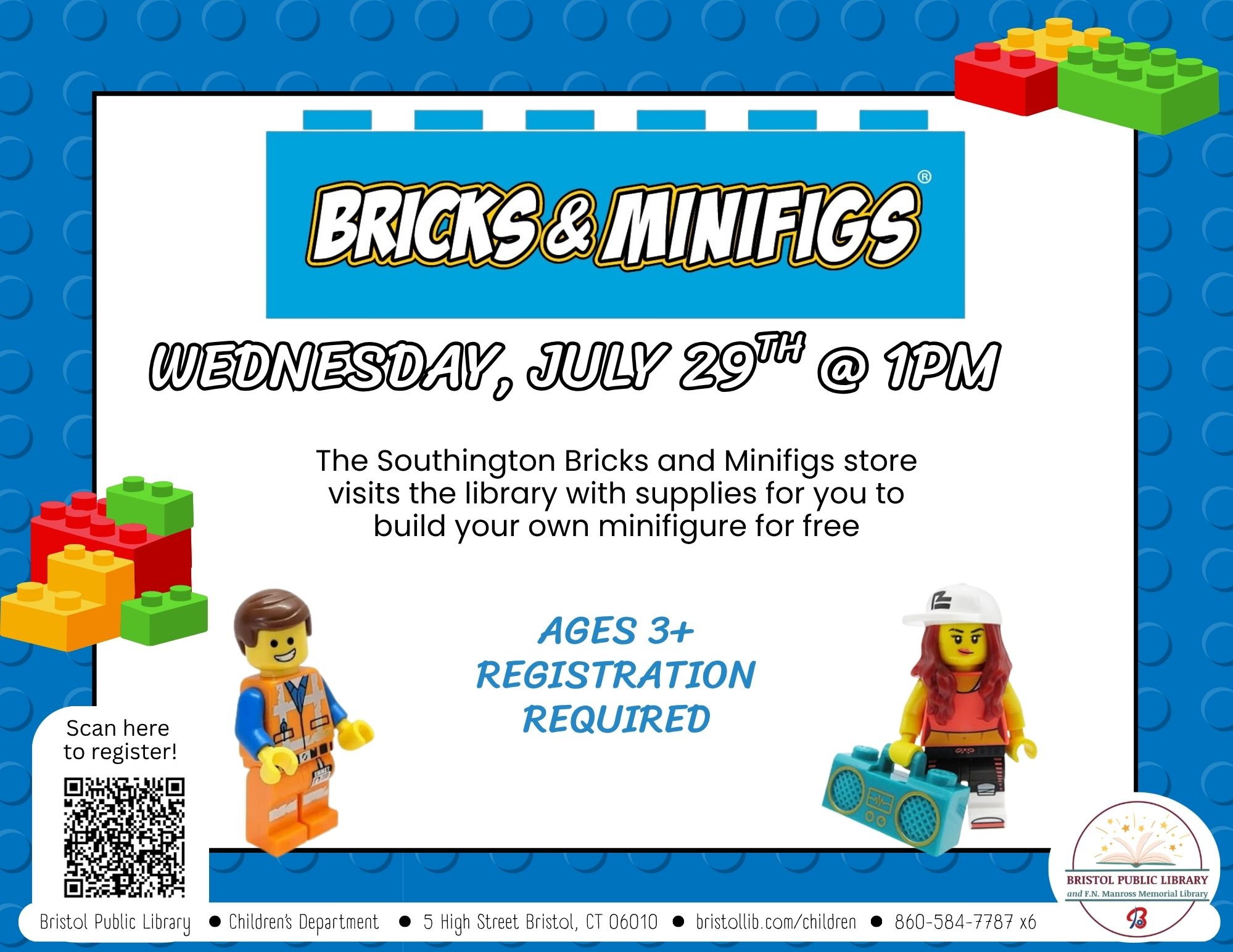 Two Lego minifigures at bottom corners of flyer with blue background and blue and black text with colorful Lego bricks at sides.