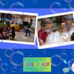 Two photos of the presenter and children blowing bubbles.