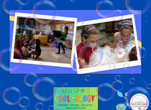 Summer2026Programs.BL (41) Two photos of the presenter and children blowing bubbles.