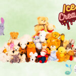 Many stuffed animals with an Ice Cream sign.