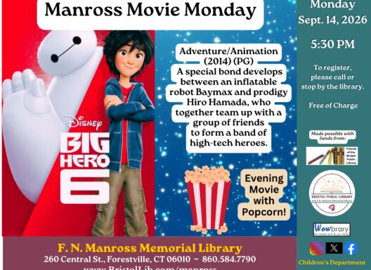 A flyer showing the movie cover of a boy and a big white robot, along with popcorn and a description.