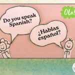 Two stick figures speaking in English and Spanish.