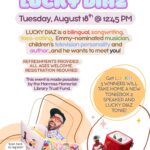 Flyer with white background and colorful text with smiling man holding a book at bottom.