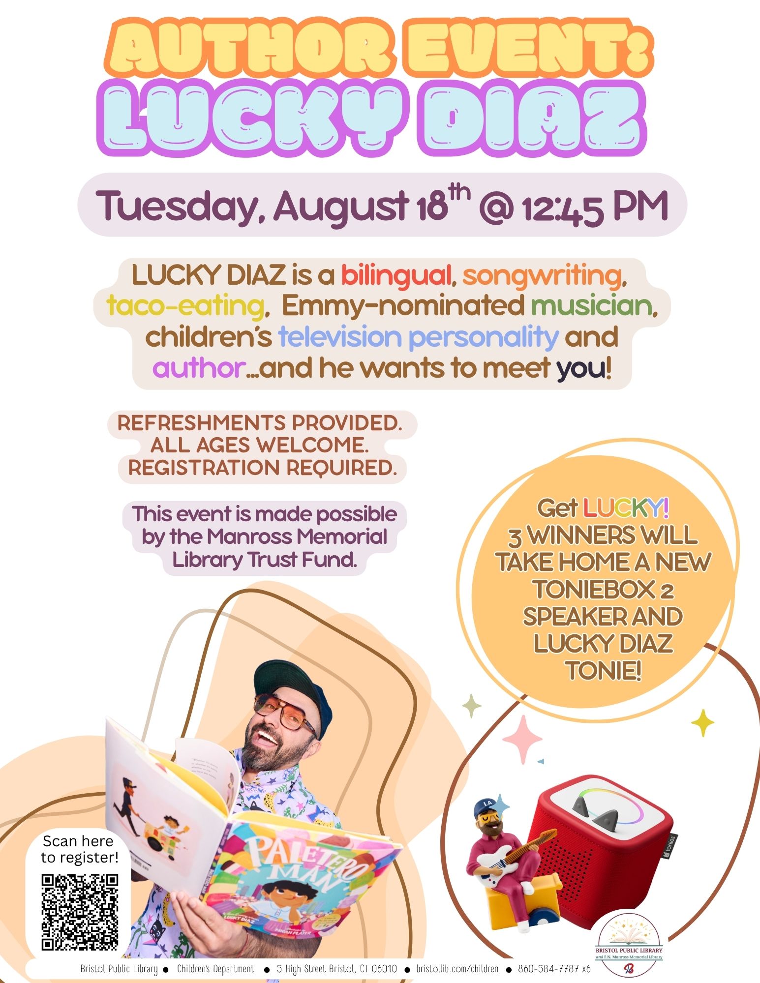 Flyer with white background and colorful text with smiling man holding a book at bottom.