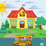 A cartoon school with a bus full of kids and a happy sun.