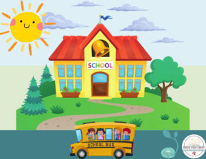 A cartoon school with a bus full of kids and a happy sun.