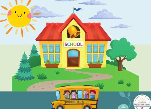 A cartoon school with a bus full of kids and a happy sun.