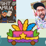 The visiting author Licky Diaz, his book Fix-It Familia, and a shoebox parade float.
