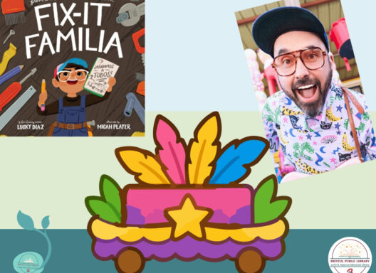 The visiting author Licky Diaz, his book Fix-It Familia, and a shoebox parade float.
