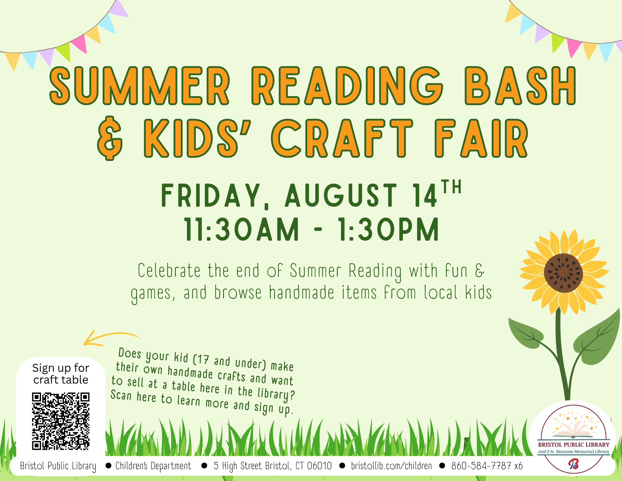 Green flyer with grass and sunflower under green and orange text.