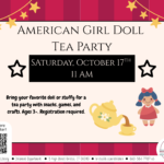 Red striped background with tan center and black text. Images of teacup and doll at right.
