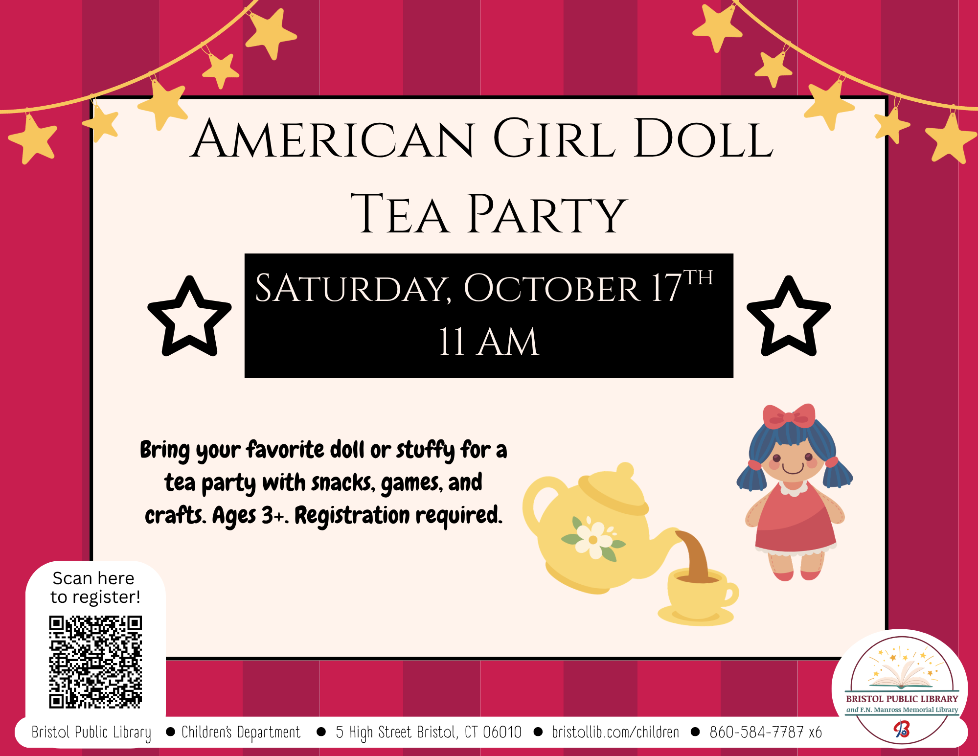 Red striped background with tan center and black text. Images of teacup and doll at right.