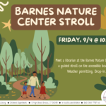 Green flyer with family walking in woods at left of brown and white text.