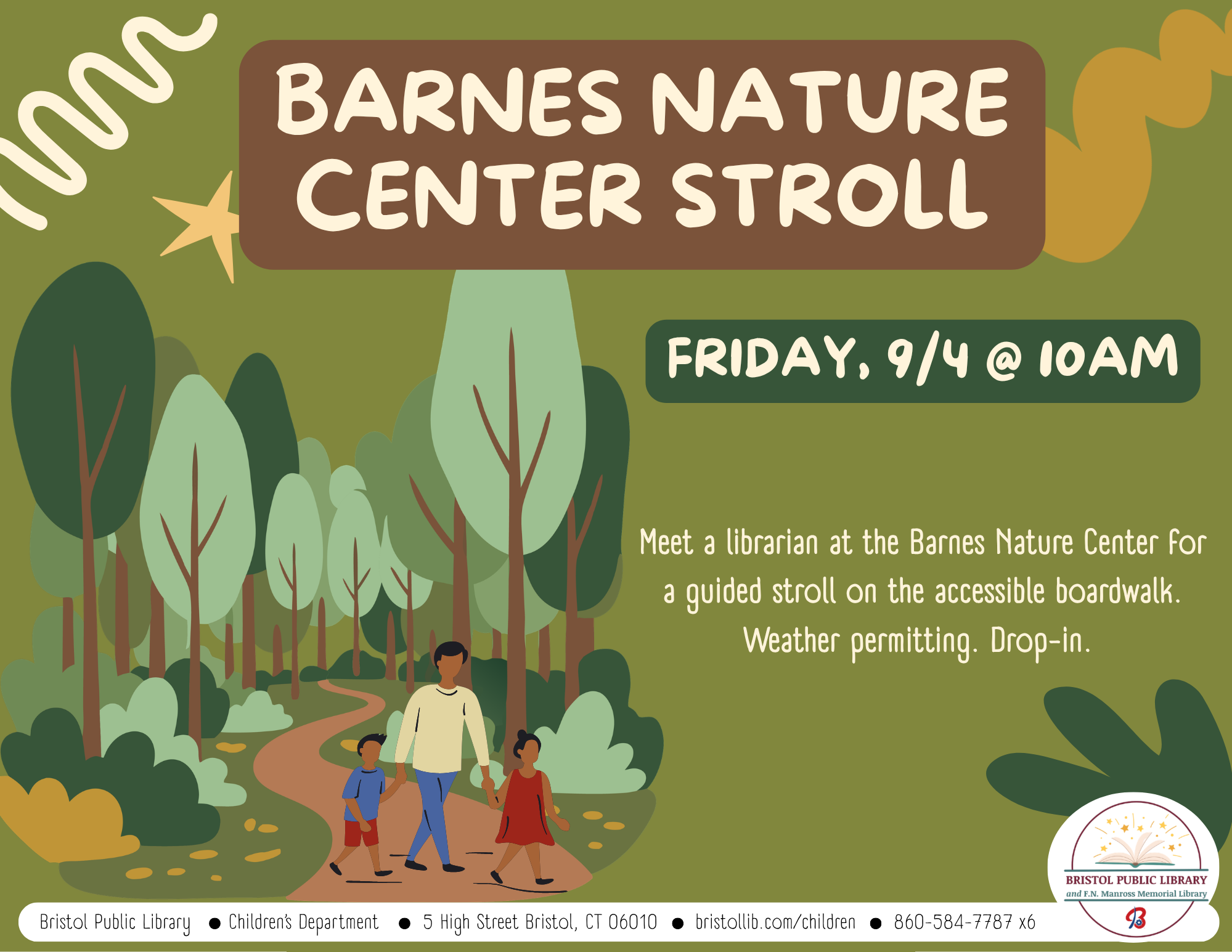 Green flyer with family walking in woods at left of brown and white text.
