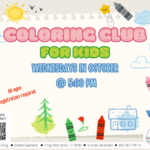 White flyer with pastel text surrounded by crayons and doodles.
