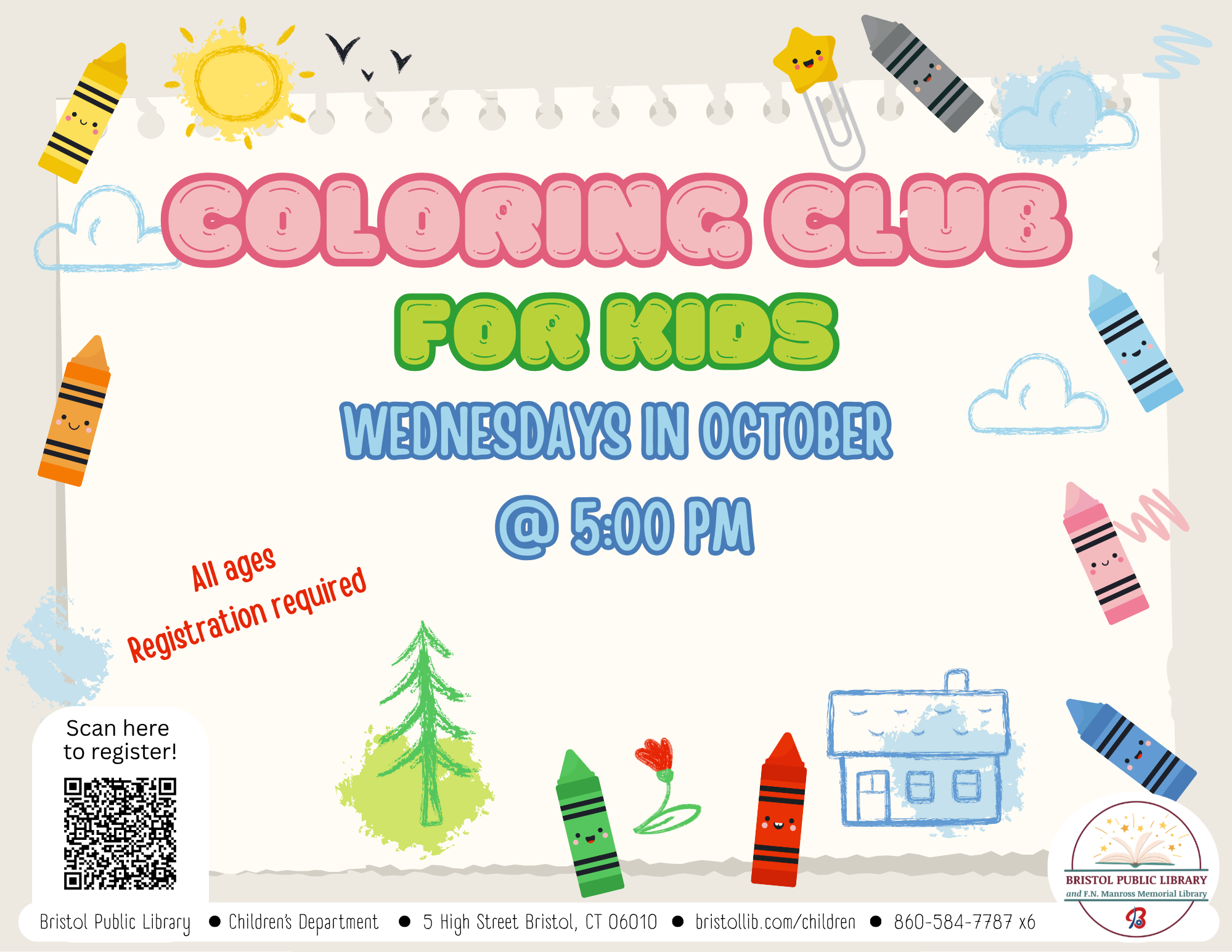 White flyer with pastel  text surrounded by crayons and doodles.