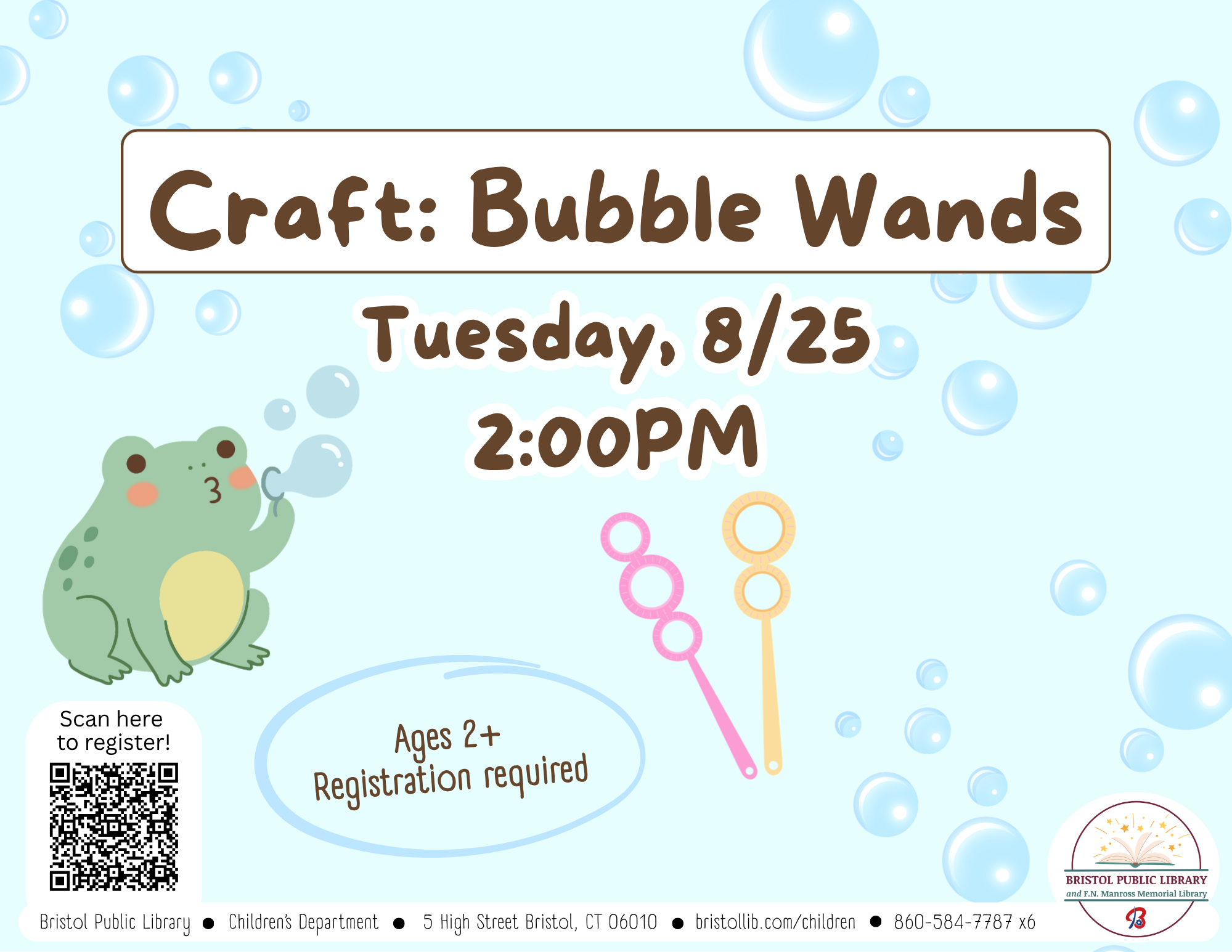 Blue bubbles behind text and frog blowing bubbles. 