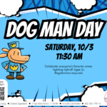 Bright blue background with black and white text and Dog Man character at left.